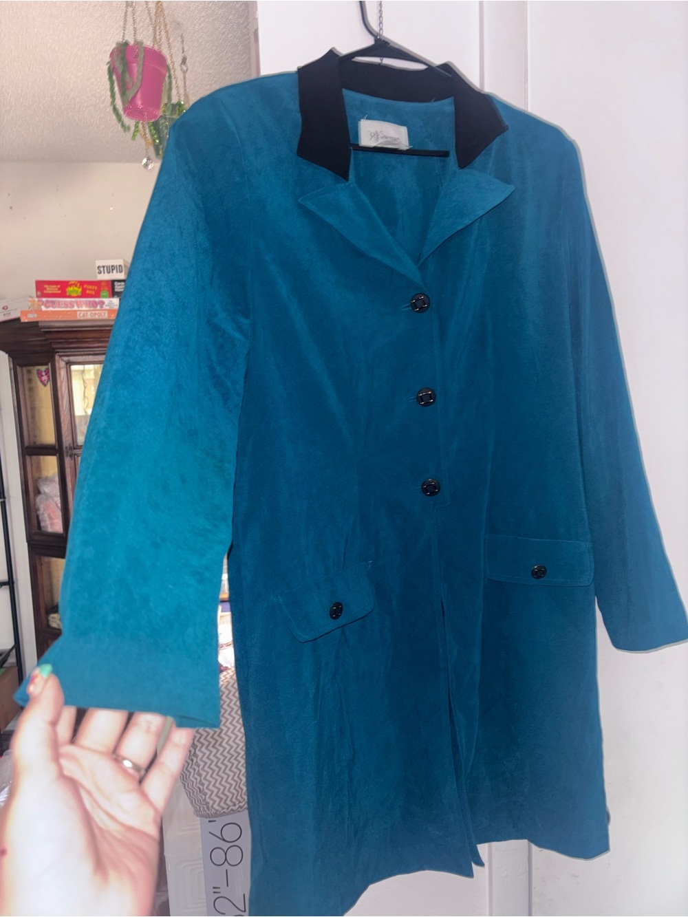 Women's Teal Vintage Coat with Contrast Collar